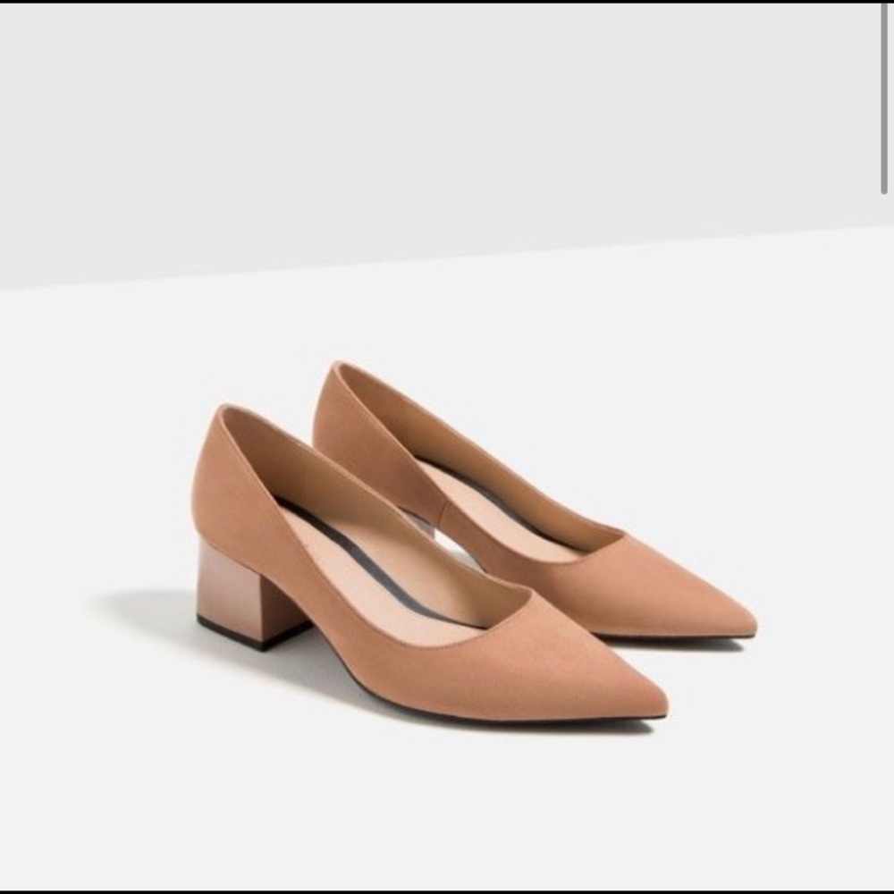 Zara pointed toe nude suede block heels